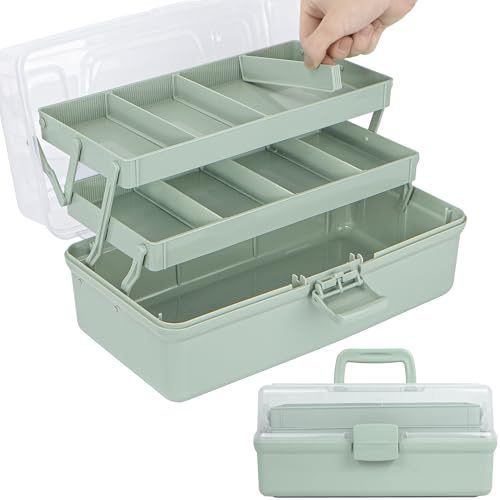 TERGOO 14in 3-Layer Multipurpose Craft Organizers and Storage with Adjustable Dividers, Portable Tackle Box, Folding Art & Craft Case for Medicine, Tool, Sewing Organizer (Haze Green, X-Large) - color: Haze Green, size: X-Large
