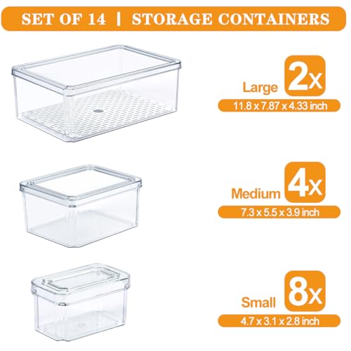 14 Pack Fridge Organizer, Stackable Refrigerator Organizer Bins with Lids PBA-Free, Clear Fridge Organizers and Storage for Kitchen, Countertops, Cabinets, Fridge, Drinks, Fruits, Vegetable, Cereals - size: 14-PACK