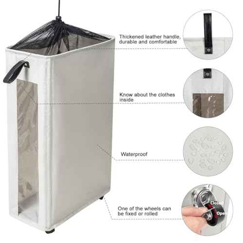 ZERO JET LAG 25 Inches Slim Laundry Storage Hamper - Large Rolling Clothes Hamper - Rolling Storage Bin - Tall Corner Basket - Clear Window Visible - Dirty Laundry Bin - (Beige) - color: Cream Beige