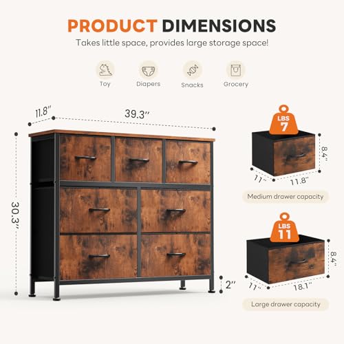 Sweetcrispy 7 Drawer Dresser with Fabric Bins Fabric Storage Tower Organizer for Bedroom Closet Hallway Entryway Tall Chest of Drawers with Steel Frame Wood Top Easy Pull Handles,Rustic Brown - color: Brown, size: 11.8"D x 39.3"W x 30.3"H (7 Drawers)