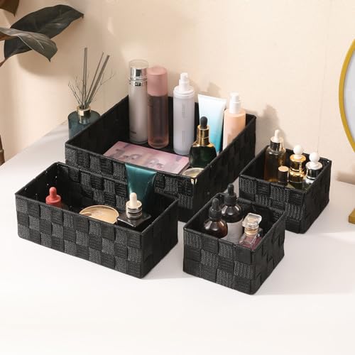 Woven Storage Baskets Set of 4, Stackable Fabric Storage Bins with Metal Frame for Closet, Shelf, Drawer, Nursery, and Office Organization – Polypropylene Organizer Boxes, Black - color: Black, size: 4PCS-without lid