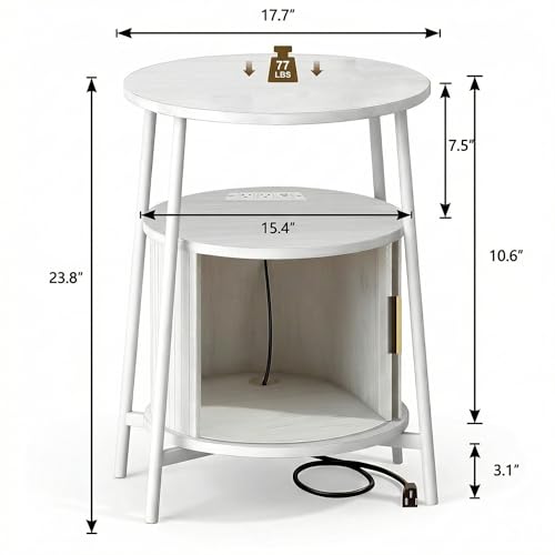 Round End Tables with Drawer: Fluted Side Table with Charging Station, Mid-Century Modern Nightstand with Sliding Door for Small Space Storage, Living Room, Bedroom - color: Off White, size: 1 PACK