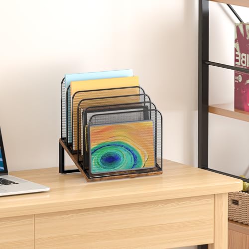 Piskyet Wooden Desk File Organizer, 5-Section Vertical File Folder Holder Stand,Metal Mail Paper Chromebook Organizer for Teacher Desk Office Classroom Desktop Organization（Inclined） - size: 5-Section Inclined
