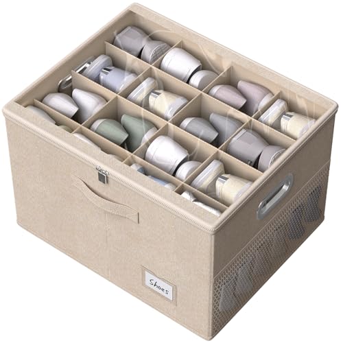 Shoe Organizer for Closet, Large Shoe Box Storage Containers with Clear Window, Space Saving Shoe Bin with Foldable Bottom Support Adjustable Dividers - Fits 16 Pairs (Beige, (19.7*15.7*13)x1) - color: Beige, size: (19.7*15.7*13)x1