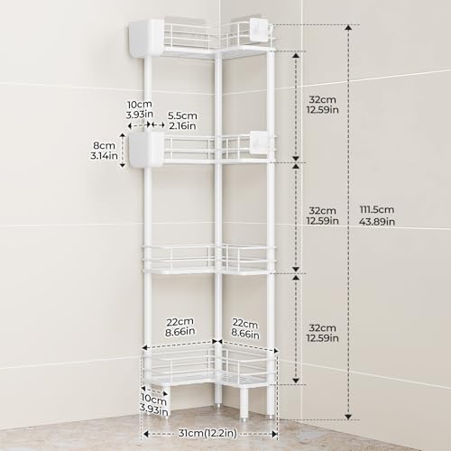 Orimade Rustproof 4 Tier Floor Standing Corner Shower Caddy Organizer with Toothbrush Holder, Large Spacing Floor Shower Shelf Rack Storage Stands with Hooks for Bathroom Kitchen, White - color: White, size: 4 Tier