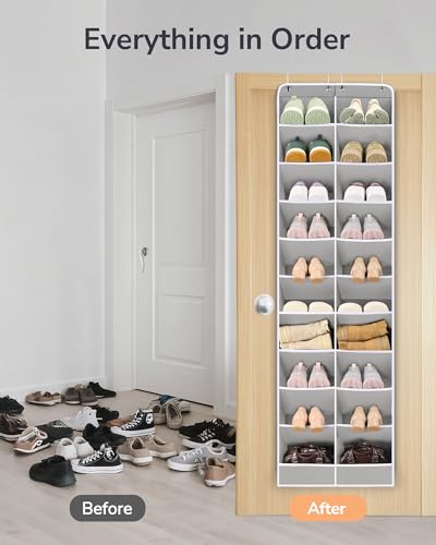 ULG Over The Door Shoe Organizer for Closet Fit 24-32 Pairs with Large Deep Pockets, Narrow Shoe Rack for Door Hanging Boots Storage, Black - color: Grey, size: 10-Tier