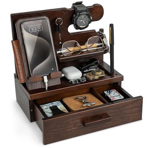 TESLYAR Wood Phone Docking Station with Drawer - Nightstand Organizer - Desk Organizer for Husband - Birthday Gifts for Men, Dad, Anniversary, Key Holder Stand Watch, Accessories (Chocolate Brown) - color: Chocolate Brown