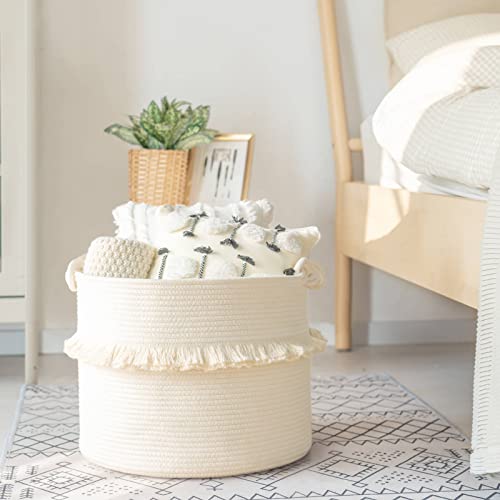 CherryNow Large Woven Storage Baskets – 16'' x 13'' Cotton Rope Decorative Hamper for Nursery, Toys, Blankets, and Laundry, Cute Tassel Nursery Decor - Home Storage Container Off-white - color: Off-white, size: 40L (16"W x 13"H)