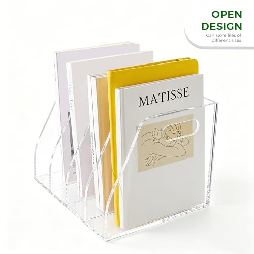 Acrylic File Folder Holder for Desk with Handles, 4-Slot Clear Desk Organizers and Accessories, Vertical Magazine File Sorter & Binder Holder, Desktop Book Organizer for Office, School & Home - size: 4 Sections, B5(with Handle)