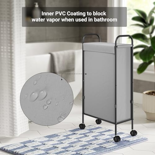 ELYKEN Slim Laundry Hamper with Lid, 50L Small Rolling Laundry Basket on Wheels, 7.9” Narrow Dirty Cloth Cart with Removable Inner Bag for Small Bathroom, Bedroom, Grey - style: Grey-50L