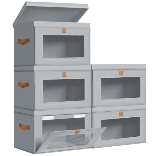 DIMJ Storage Bins with Lids - 5 Pack Large Fabric Closet Organizer with Window & Handles, Collapsible Decorative Storage Boxes for Shelves Under Bed, Books Clothes Blankets Sweaters Organization - color: Gray, size: Small-5 Pack