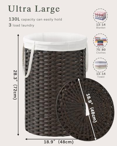 SETVSON Large Laundry Hamper Laundry Basket Round 34.3 Gal (130 L) Handwoven Wicker Laundry Baskets Rattan Laundry Basket with Laundry Bag Handles 2 Mesh Bags for Living Room Bedroom Brown - color: Brown, size: 130L