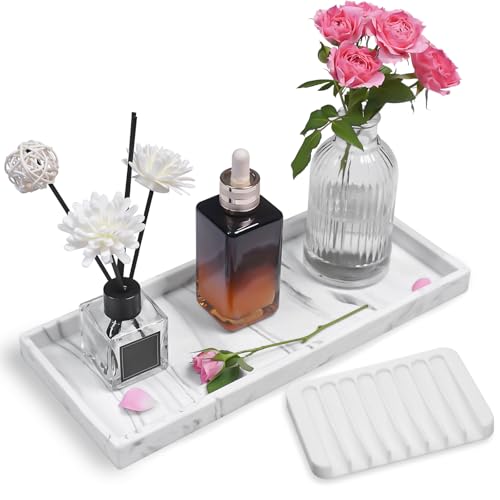 Bloss Bathroom Vanity Tray with Soap Dish Holder - 11.8" Silicone Counter Trays for Soap Dispenser, Perfume, Jewelry, Candle, Makeup, Decor, Toilet Tank Tray, Kitchen Tray for Spice, Salt, Coffee - color: Marble White, size: 11.8" x 5.1" x 0.9"