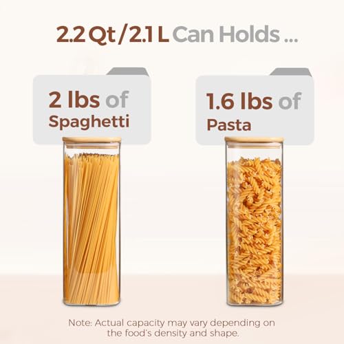 ComSaf Glass Spaghetti Pasta Storage Containers with Lids 2.2 Qt Set of 3, Tall Clear Airtight Food Storage Jar with Lid for Noodles Flour Oat Cereal Sugar Beans, Sqaure Spaghetti Pantry Containers - size: 2.2Qt*3