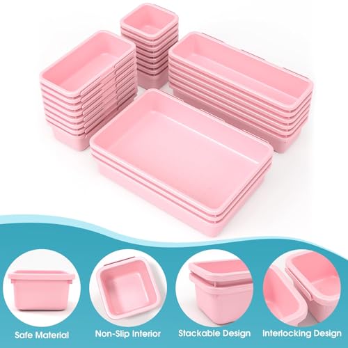 25 PCS Drawer Organizer Set, 4 Size Makeup Drawer Divider Organizer With Non-Slip Pads, Interlocking Plastic Storage Bins for Office,Jewelry Vanity,Gadgets, Bathroom,Kitchen, Pink - color: Pink, size: 25Pack