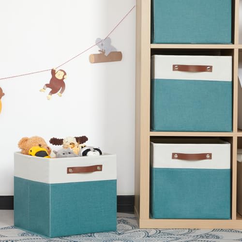 HNZIGE Storage Cubes Bins for Organization Set of 4, Fabric Storage Cube 12 x12, Collapsible Storage Bins Basket Cube with Handles, Canvas for Organizing Shelf Home Nursery(Teal White) - color: White, size: 12"x12"x12"-4pack