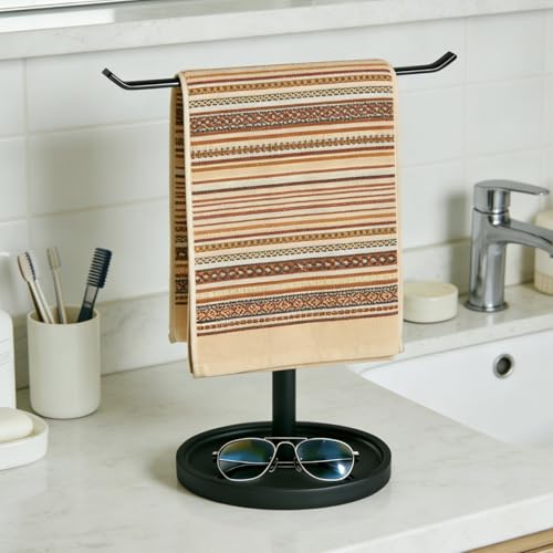 T-Shape Bath Hand Towel Holder Stand, Free Standing Hand Towel Rack with Storage Tray, for Bathroom Kitchen Countertop, Matte Black - color: Black-1p（with Tray）