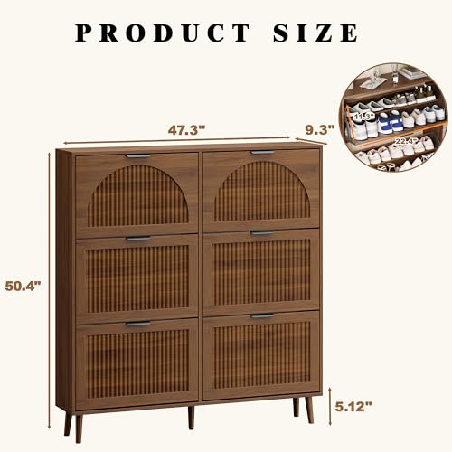 Shoe Storage Cabinet with 6 Flip Drawers, Narrow Wood Shoe Organizer Cabinet with Fluted Panel, Slim Shoe Rack for Entryway, Freestanding Shoe Cabinet for Living Room, Hallway, Walnut - color: Walnut, size: 6-Drawers