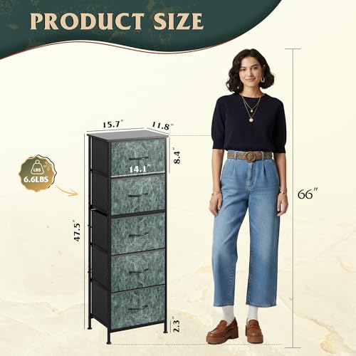 WLIVE Fabric Dresser, 5-Drawer Tall Dressers for Bedroom, Storage Dresser Organizer with Fabric Bins, Wood Top, Sturdy Steel Frame, Chest of Drawers for Closet, Hallway, Vintage Green - color: Turquoise
