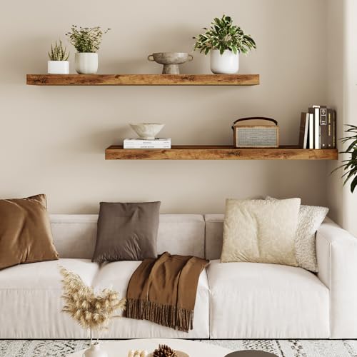 Fixwal Wall Shelves, 35" Long Heavy Duty Wall Mounted Rustic Wood Shelves for Living Room, Bedroom, Bathroom and Kitchen, Wall Shelves for Storage, Books, Room Decor (Rustic Brown, Set of 2) - color: Rustic Brown, size: 35in
