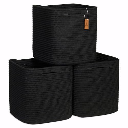 NaturalCozy Storage Cubes 11 Inch Cotton Rope Woven Baskets for Organizing, 3-Pack | Cube Storage Bin | Square Storage Baskets for Shelves Organizer, Classroom, Kids Toy Bins, Closet, Baby Nursery - color: Black