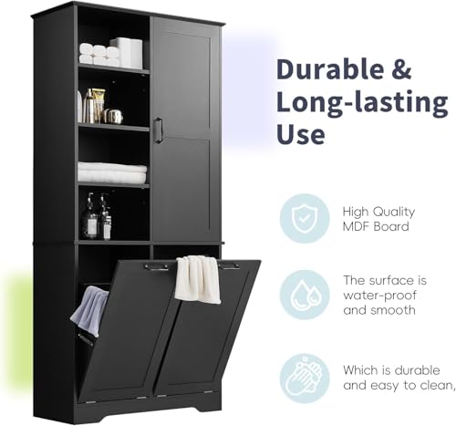 Virubi Tall Bathroom Laundry Hamper Cabinet with 2 Tilt Out Hamper, Wood Tall Bathroom Laundry Room Storage Cabinet with Adjustable Shelves, Freestanding (Black) - color: Black, size: 31"x14"x68"