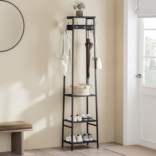 Coat Rack Freestanding, Coat Stand with 3 Shelves and 7 Hooks, Hall Tree Free Standing, Clothes Rack Stand Organizer for Bedroom, Hallway, Entryway, Living Room, Industrial Style, Black - color: Black, style: 3 Shelves
