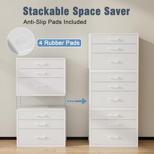 Closet Drawers Set of 2, White Closet Organizer with 3 Fabric Drawers, Stackable Storage Drawers for Closet, Bedroom, Dorm (White)