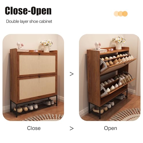 AVZEAR Narrow Shoe Storage Cabinet for Entryway with 2 Flip Drawers, Freestanding Shoe Cabinet with Natural Linen Panel, Slim Wood Shoe Organizer Closed Shoe Rack for Hallway, Foyer(Walnut) - color: Walnut, size: 2 Drawers
