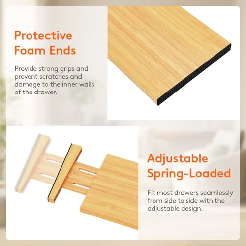 Lifewit 5" High 8 Pack Bamboo Drawer Dividers 33-42cm/13-16.5" Adjustable Wooden Drawer Organizer for Clothes/Utensils, Expandable Drawer Separator for Dresser/Kitchen/Bedroom/Office Organization - size: 5"H, 13-16.5"L