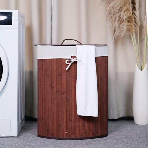 Bamboo Laundry Hamper Large 58L with Removable 2-Section Liner, Foldable Storage Basket with Lid and Handles for Bedroom, Laundry Room, Small Spaces – Brown - Triangle - color: Brown - Triangle