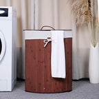 Bamboo Laundry Hamper Large 58L with Removable 2-Section Liner, Foldable Storage Basket with Lid and Handles for Bedroom, Laundry Room, Small Spaces – Brown - Triangle - color: Brown - Triangle