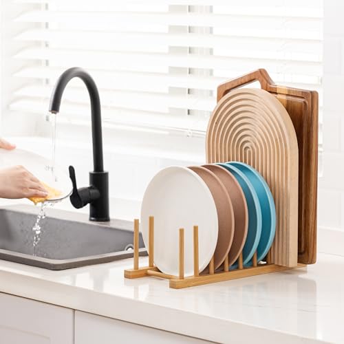 HBlife 4pcs Heighten and Widen Bamboo Dish Drying Rack Plate Bowl Cup Book Pot Lid Cutting Board Stand Drainer Storage Holder Organizer for Kitchen Cabinet - color: Rod 4inch High 6slots With 6inch High 2slots 4pcs