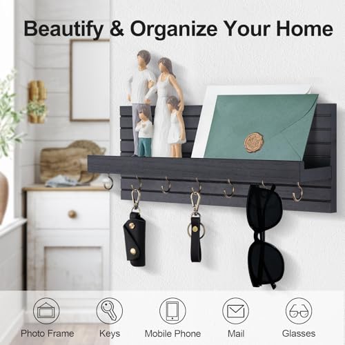 Lwenki Decorative Key Holder for Wall with Shelf, Entryway Shelf with Hooks Holds Leashes, Jackets and Glasses – Sturdy Wood Keyholder Entrance Hanger with Mounting Hardware (Black, Large) - color: Black, size: Large