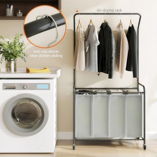 ROMOON Laundry Hamper Sorter Cart: 4 Section Organizer with Hanging Bar and Heavy-duty Lockable Wheels | 180L Rolling Laundry Basket with Clothes Rack in Laundry Room or Small Spaces (Grey) - color: grey