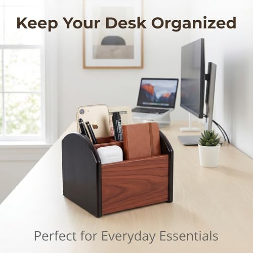 Wooden Desk Organizer with 4 Compartments, Remote Control Holder, Office Storage Caddy, 360-degree rotation Black and Brown Desk Organizer for Office Supplies