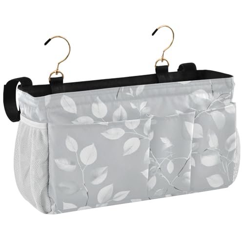 Bedside Caddy Metal Frame Hanging Organizer Bunk Bed Dorm Accessories Hook And Loop Storage Bag Large Pockets Elegant Grey Leaves - color: Elegant Grey Leaves