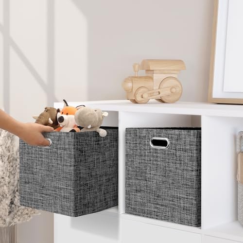 Posprica 13x15x13in Collapsible Storage Bins, Fabric Foldable Cube Storage Boxes, Decorative Storage Baskets Organizer for IKEA Kallax, Shelves, Closet, Clothes, Toy, Set of 4-Black - color: Black