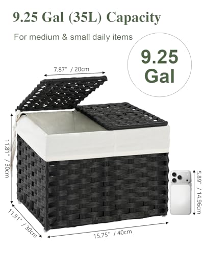 SETVSON Storage Basket with Lid Woven Wicker Baskets with 2 Separate Lid, 9.2 Gallon (35 L) Wicker Storage Bins with Handles, Foldable and 2 Removable Liner Bags for Bedroom, Laundry Room Black - color: Black, size: 35L-15.7L*11.8W*11.8H
