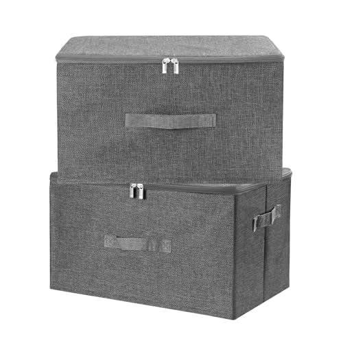 ANMINY 2PCS Storage Bins with Zipper Lids 36 Qt Lidded Fabric Storage Boxes Baskets Cubes with Handles Collapsible Washable Cotton Linen Closet Shelf Clothes Organizer Containers - Gray, Large - color: Gray, size: Large (Pack of 2)