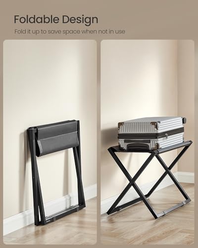 SONGMICS Luggage Rack, Foldable Suitcase Stand, Metal Luggage Holder, Synthetic Leather, Easy to Assemble, for Guest Room, Hotel, Bedroom, Ink Black and Charcoal Gray URLR009B01 - color: Black, size: 1 Pack, style: with Synthetic Leather