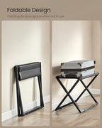 SONGMICS Luggage Rack, Foldable Suitcase Stand, Metal Luggage Holder, Synthetic Leather, Easy to Assemble, for Guest Room, Hotel, Bedroom, Ink Black and Charcoal Gray URLR009B01 - color: Black, size: 1 Pack, style: with Synthetic Leather