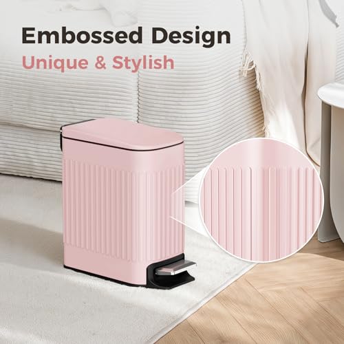 TrashAid Pink Bathroom Trash Can, 1.6 Gallon Stainless Steel Small Garbage Can with Lid, Step Pedal, Cute Wastebasket for Bathroom, Office, Bedroom, RV, Pink - color: Pink