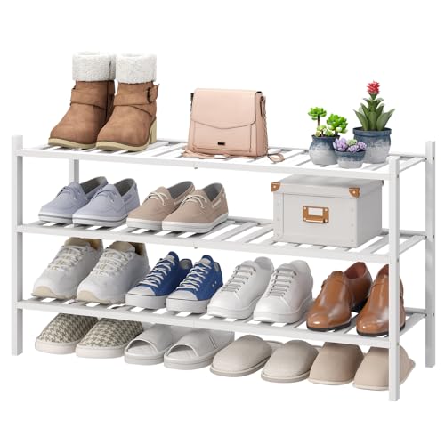 viewcare 3-Tier Long Shoe Rack, Bamboo Wood Shoe Rack for Closet, Entryway & Hallway, Stackable White Shoe Shelf Storage Organizer for Indoor Outdoor - color: White, size: 3-Tier Long