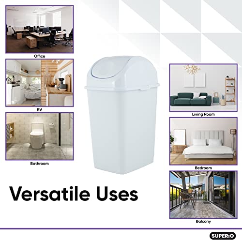 Superio Small 2.5 Gallon Plastic Trash Can with Swing Top Lid, Compact Slim Waste Bin for Under Desk, Office, Bedroom, Bathroom, Dorm Room, 10 Qt. Portable Garbage Can (White) - size: 2.5 Gallon, style: 1 Pack