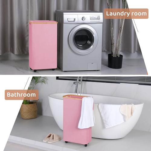 Slim Laundry Basket with Wheels,Narrow Hampers for Laundry,Freestanding Laundry Hamper with Lid&Bamboo Handles,Collapsible & Waterproof Tall Cloth Hamper for Dorm Family(60L Pink) - color: Pink, size: 60L with Wheels