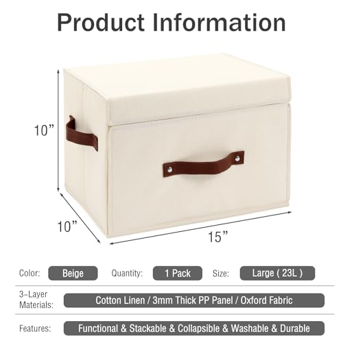 Storage Bins Box with Lids Front Opening Window Decorative Cotton Linen Fabric Basket PU Leather Handles Washable PP Plastic Board Foldable Shelf Closet Organizer Container (Beige, Large) - color: Beige, size: Large ( Pack of 1 )