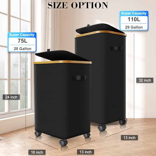 Laundry Hamper with Wheels,20 Gal (75L) Laundry Basket with lid Rolling Clothes Hamper Foldable Dirty Clothes Basket on wheels with Bamboo Frame and Bag for Bedroom, Dorm, Laundry Room-Black - color: Black, size: 75 L