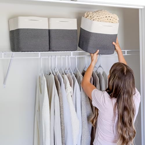 NaturalCozy Storage Cubes 11 Inch Cotton Rope Woven Baskets for Organizing, 3-Pack | Cube Storage Bin | Square Storage Baskets for Shelves Organizer, Classroom, Kids Toy Bins, Closet, Baby Nursery - color: Off White & Charcoal Gray
