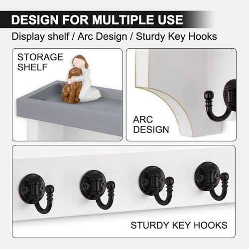Key and Mail Holder Wall Mount, Key Holder with Shelf and Mail Organizer Wall Mount. Mail Holder with 5 Hooks for Coat, Dog Leash, Home Decor Rack, Entry Way Organizer (Gray & White) - color: Gray & White